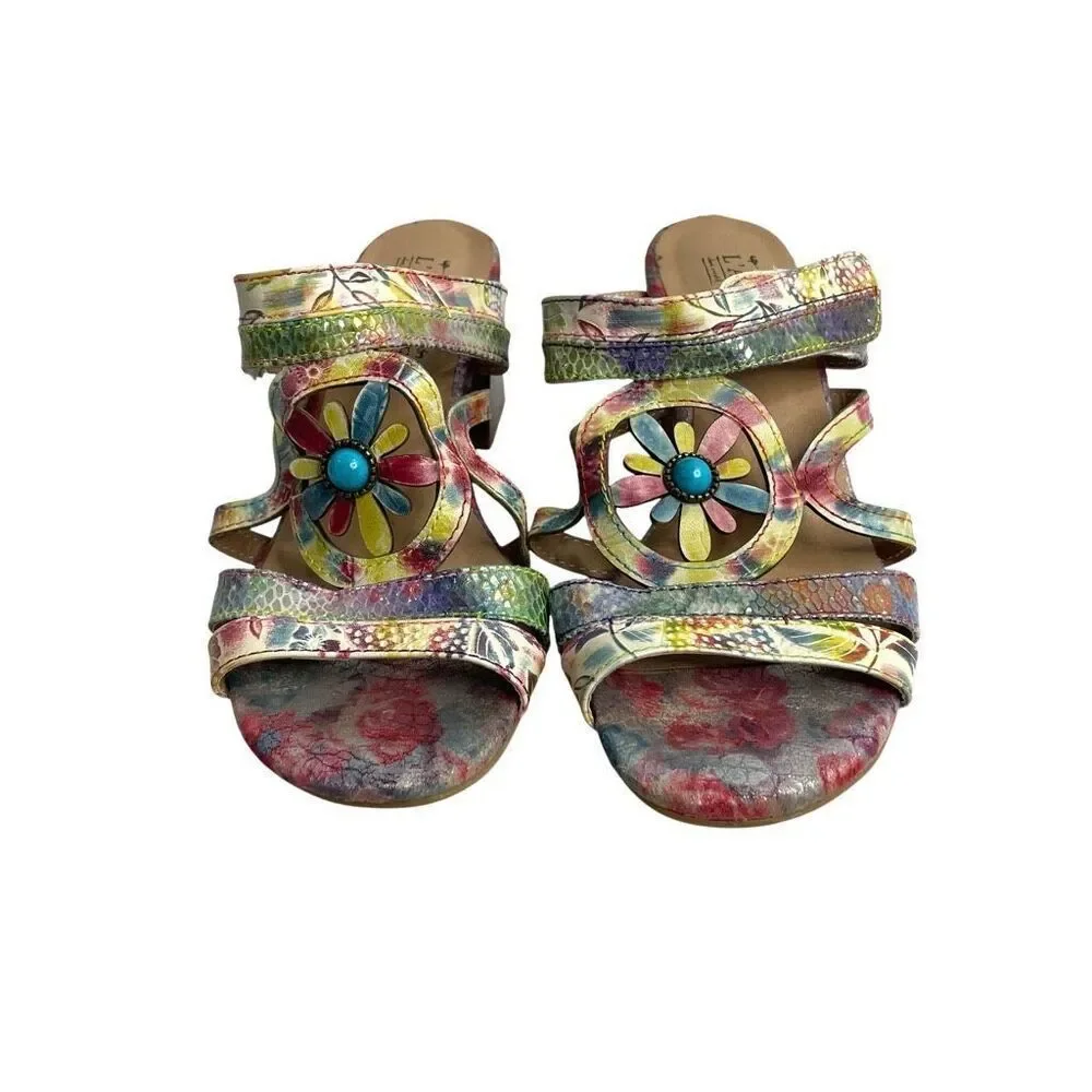 L’Artiste floral block‎ heel slide sandals heels Size 39 turquoise boho artsy
